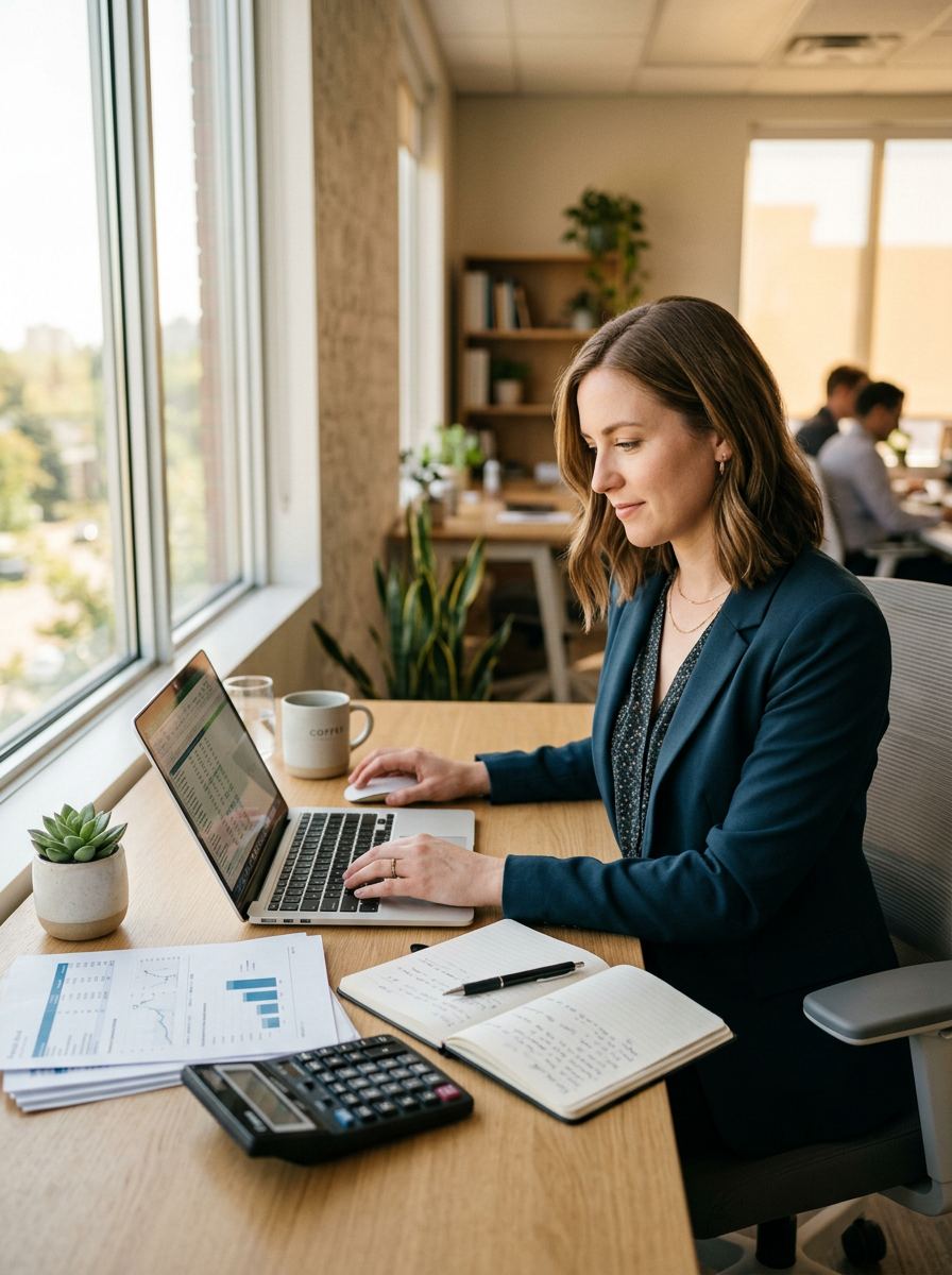 SmartBookswpg accountant reviewing financial reports on a laptop in a bright modern office